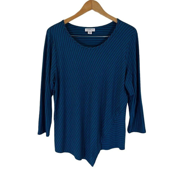 Jaclyn Smith Pointed Asymmetrical Hem Tunic XL Stretch Knit Teal Navy Stripes - Picture 1 of 4